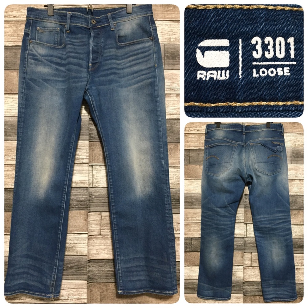 G Star Raw 3301 Loose Jeans Men’s 34x30 Blue Denim Button Fly Stretch (READ)